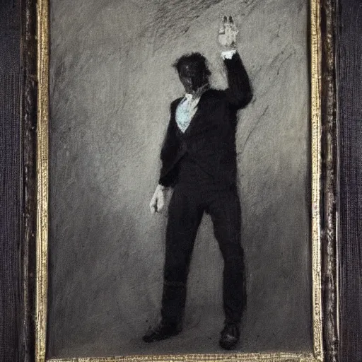 Prompt: portrait of an action hero mage in suit and tie, raising his hand, channeling magic, by alfred stevens in charcoal