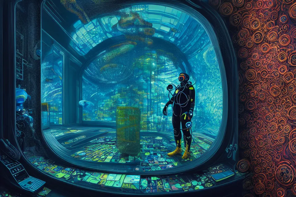 Image similar to detailed portrait of a cyberpunk scuba diver inside a dmt portal, cinematic lighting, corals, big mirrors, stacked computer screens, science lab, 8 k high resolution, by james r eads and tomasz alen kopera