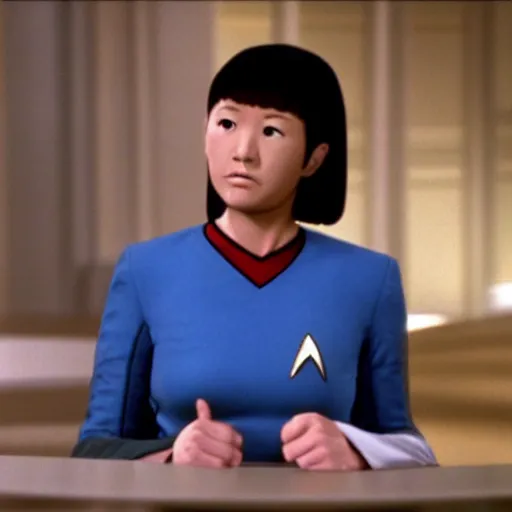 Prompt: still photo of Star Trek The Next Generation 1991 episode with Kagura from Azumanga Daioh