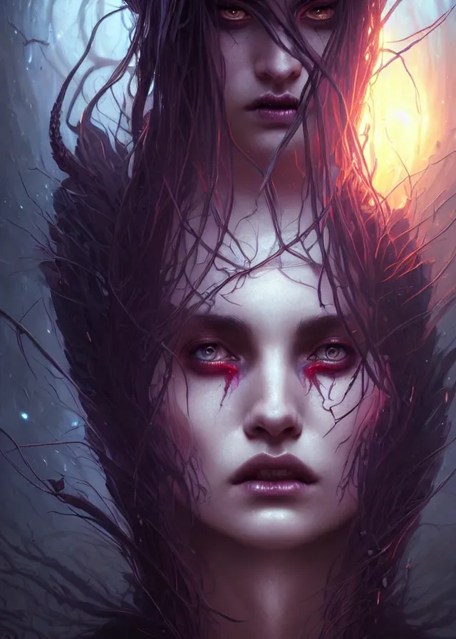 Image similar to Necromancer Sorceress face close-up macro in center, fantasy magic, undercut hairstyle, dark light night, intricate, elegant, sharp focus, illustration, highly detailed, digital painting, concept art, matte, art by WLOP and Artgerm and Greg Rutkowski and Alphonse Mucha, masterpiece