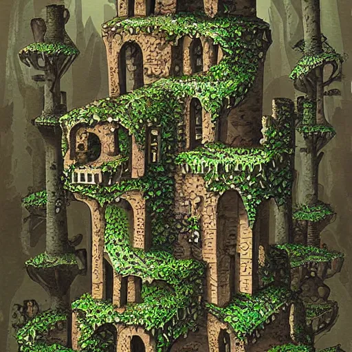 Image similar to ruined tower covered in creepers, beautiful, intricate, detailed, digital art painting