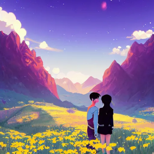 Image similar to one teen girl with long black hair and bangs, one teen boy with black hair, flower fields and mountains in the background, digital painting, artstation, highly detailed, by makoto shinkai and thomas kindle and James gilleard