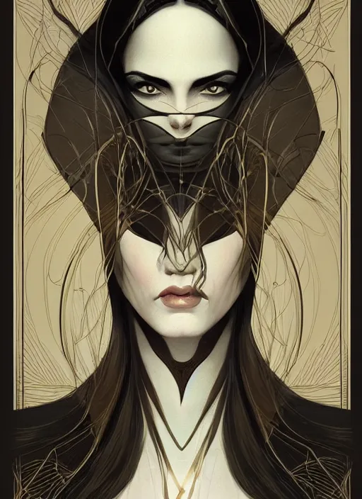 Image similar to tarot!!, high priestess, no noise, elegant, concept art, sharp focus, beautiful face!!, digital art, smooth defined outlines!!, human anatomy, human structure, vector background, dark fantasy, by Brom, trending on Artstation, Tom Bagshaw, Sargent