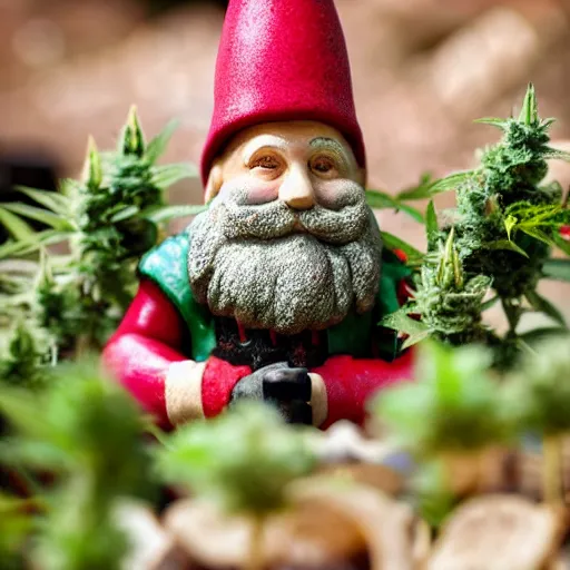 Prompt: photo of a garden gnome in the middle of a magic mushrooms and cannabis plants mini forest