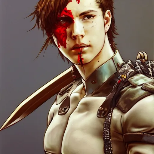 Image similar to portrait of a young white hero using his right arm to hold his sword covering his eye by yoji shinkawa, high quality, extra details, realism, ornate, colored, golden chain, blood, white skin, short hair, brown eyes, vivid, sunlight, dynamic, american man, freedom, white american soldier, painting, cybernetics, military