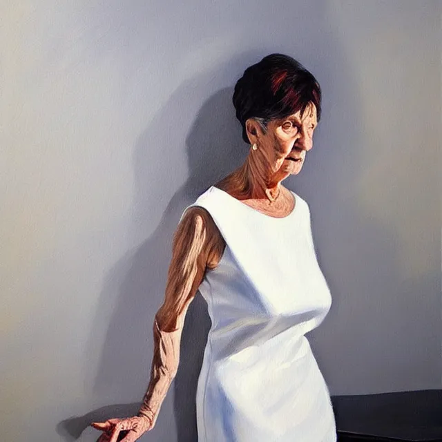 Prompt: a painting of a stunning middle aged woman in a white dress, a photorealistic painting by julio larraz, trending on cg society, figurative art, hyper realism, oil on canvas, detailed painting, eerie, liminal