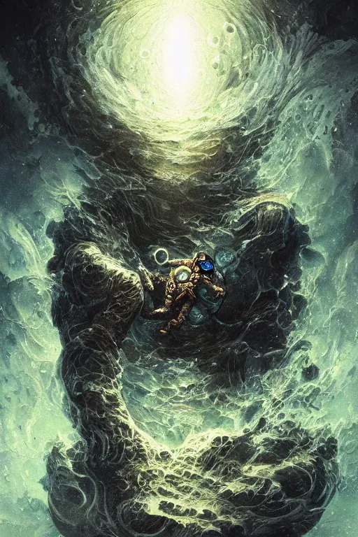 Image similar to close up shot of a full body floating astronaut portrait water elemental, high contrast, james gurney, peter mohrbacher, mike mignola, black paper, mandelbulb fractal, trending on artstation, exquisite detail perfect, large brush strokes, intricate ink illustration, black background