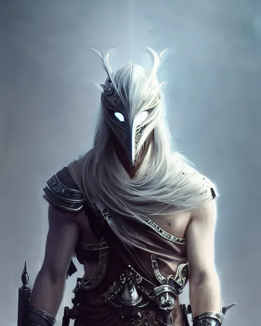 Prompt: male portrait, handsome, detailed white long hair, intricate assasin armor and mask, complex 3 d render by ilya kuvshinov, peter mohrbacher, greg rutkowski, ryohei hase, dramatic lighting, intricate, highly detailed, final fantasy, sharp focus, luminous, unreal engine 5 highly rendered, blender, deviant art, masterpiece, ray tracing