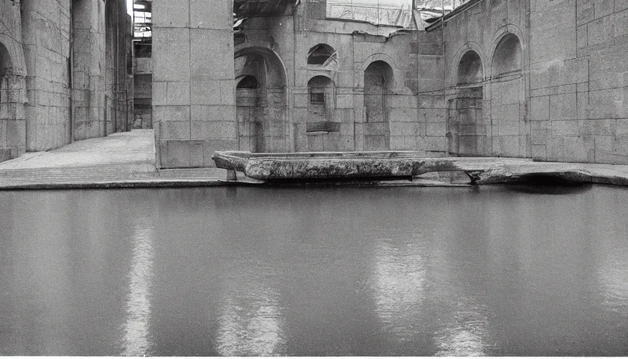 Image similar to 60s movie still of an empty aqueduc, cinestill 800t 50mm eastmancolor, liminal Space style, heavy grain