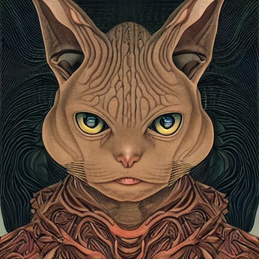 Prompt: portrait of sphinx cat, symmetrical, by yoichi hatakenaka, masamune shirow, josan gonzales and dan mumford, ayami kojima, takato yamamoto, barclay shaw, karol bak, yukito kishiro