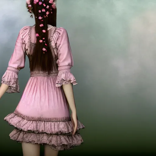 Image similar to 8 k, octane render, realism, tonalism, renaissance, rococo, baroque, cotton candy, portrait of a creepy young lady wearing bohemian long 1 9 7 0 s babydoll dress with flowers