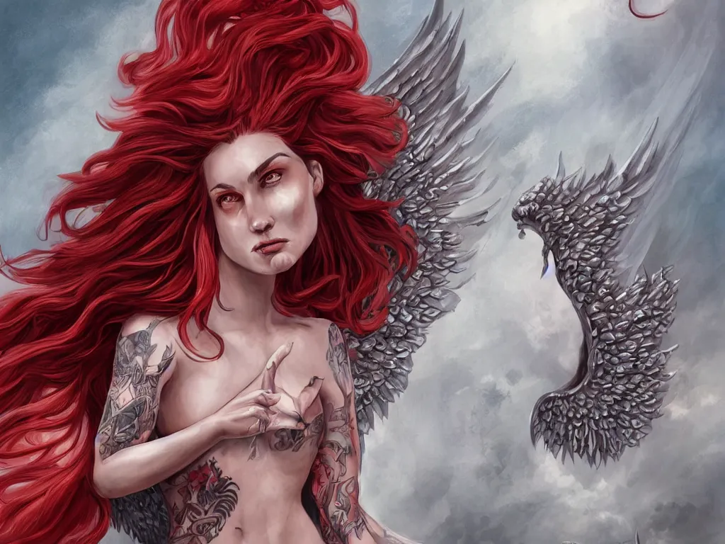 Prompt: a whole body D&D style illustration of a warrior angel woman influencer with angel wings wide opened , covered by religious and satanic tattoos, defiant expression , wavy red hair, big cheekbones, cloud ominous day background, floral tattoos, intricate, elegant, highly detailed, digital painting, artstation, concept art, smooth, sharp focus, high fantasy illustration, art by artgerm and Peter Andrew Jones