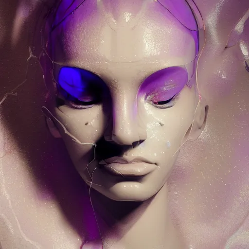 Prompt: abstract female face sculpture made of white marble and amethyst crystals quartz, ethereal lights, fine details, artstation. com, film still, cinematic photoshooting, luxury, strong wind, dark mood, sad, liquid acrylic painting, optical cables, cold colors, golden filigree, lens flares, octane render