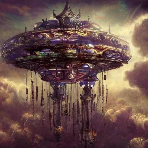 Prompt: flying city in a mechanical flower, sky, fantasy art, steampunk, masterpiece