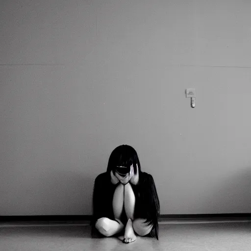 Image similar to sad asian girl alone in an empty room, black and white, award winning, 8k