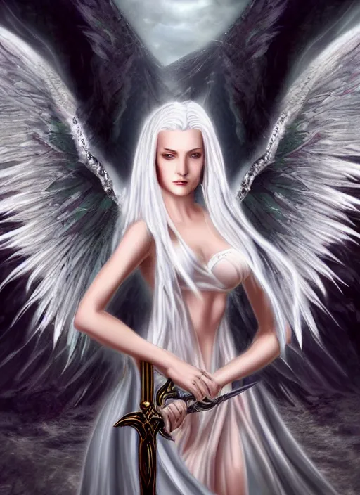 Image similar to a woman angel with white hair and wings holding a sword, a digital rendering by Anne Stokes, deviantart, fantasy art, deviantart hd, deviantart, angelic photograph