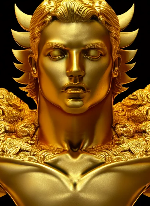 Image similar to stylized gold and black statue made of marble of hercules, perfect symmetrical body, perfect symmetrical face, hyper realistic, hyper detailed, by johannen voss, by michelangelo, octane render, blender, 8 k