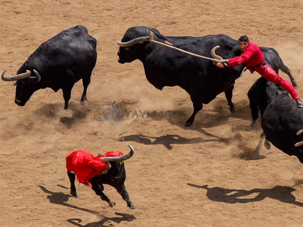 Prompt: matador challenging a bull in a ramen bowel filled with a desert