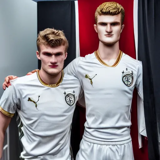 Image similar to a realistic detailed photo of a guy who is an attractive humanoid who is half robot and half humanoid, who is a male android, soccer players martin ødegaard & timo werner, shiny skin, posing like a statue, blank stare, in a living room, on display, showing off his muscles, gold soccer shorts, side view