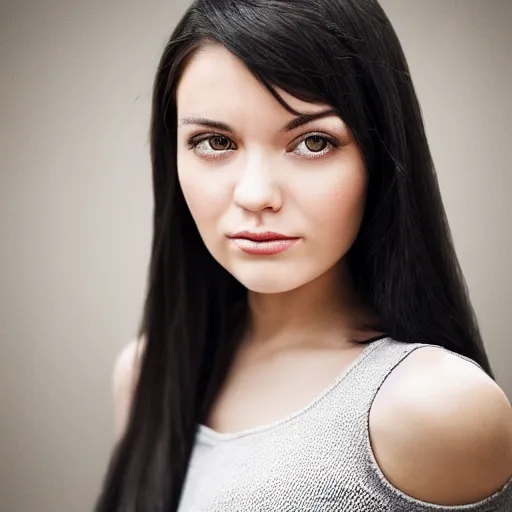 Image similar to young woman with messy long black hair, 1 3 5 mm nikon portrait