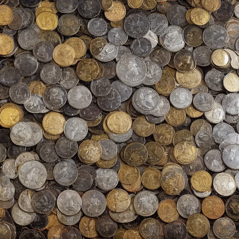 Image similar to a small box filled with rare and valuable coins, various sizes, indoors, photograph