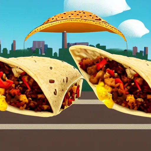 Prompt: a comically large taco falling from the sky onto a town