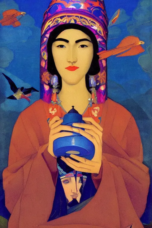 Image similar to queen of the dawn with her lantern and birds, by Nicholas Roerich, elaborate headdress and embroidered velvet, iridescent beetles, rich color, dramatic cinematic lighting, extremely detailed