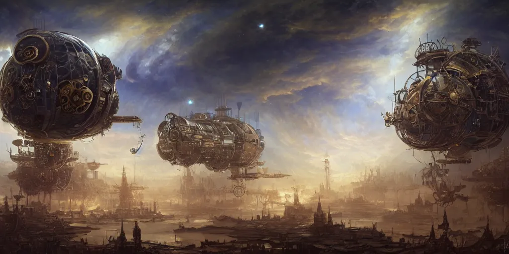 Image similar to a landscape painting of a steampunk airship city with clockwork people on a gas giant in deep space, cosmic artifacts, fantasy, sharp focus, intricate, elegant, digital painting, artstation, gloss, highly detailed, concept art, illustration, ambient lighting, art by peter mohrbacher, johannes voss, jingna zhang, object oriented ontology