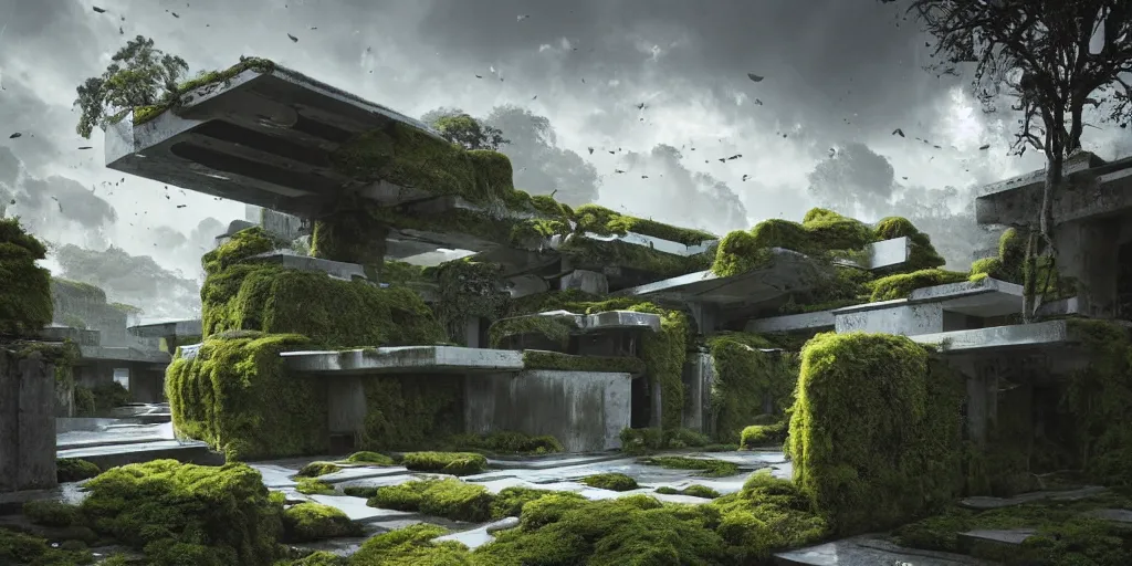 Image similar to concrete architecture with moss and ivy growing all over, futuristic, late afternoon light, dramatic sky, by frank lloyd wright and greg rutkowski and ruan jia