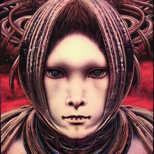 Image similar to simple concept art portrait of, ‘ the carnivore alien ’. an award winning yoshitaka amano digital art poster, by james gurney and gerhard richter. art by takato yamamoto. masterpiece, deep colours.