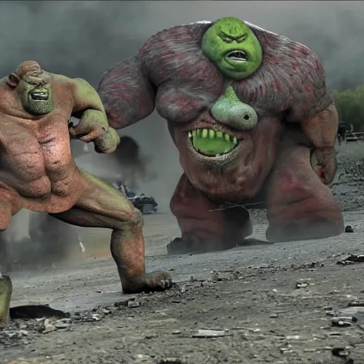 Prompt: a huge violent angry ogre huge violent angry ogre huge violent angry ogre stomps through background trailer homes and smashed trailer homes, people looking on in astonishment