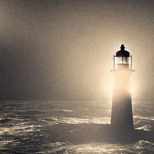 Image similar to lighthouse in the middle of the ocean, covered in silent hill style sigils, horror, person standing with a lantern centered in the foreground, spooky, scary