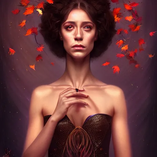 Prompt: gorgeous female stella maeve magician, realistic character concept, medium shot, elegant pose, spooky, illustration, symmetrical face and body, realistic symmetrical eyes, artstation, cinematic lighting, detailed realistic symmetrical eyes, cgsociety, 8 k, charlie bowater, tom bagshaw, single face, insanely detailed and intricate elegant, autumn leaves