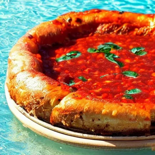 Prompt: a deep dish Chicago style pizza floating in Lake Michigan