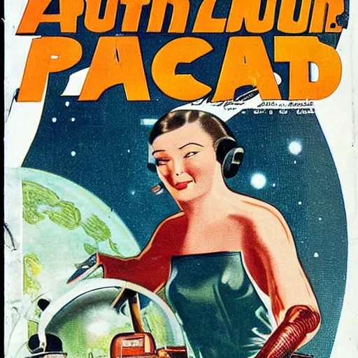 Prompt: A 1930s pulp sci-fi book cover depicting a woman in a space suit shooting a raygun, retrofuturism