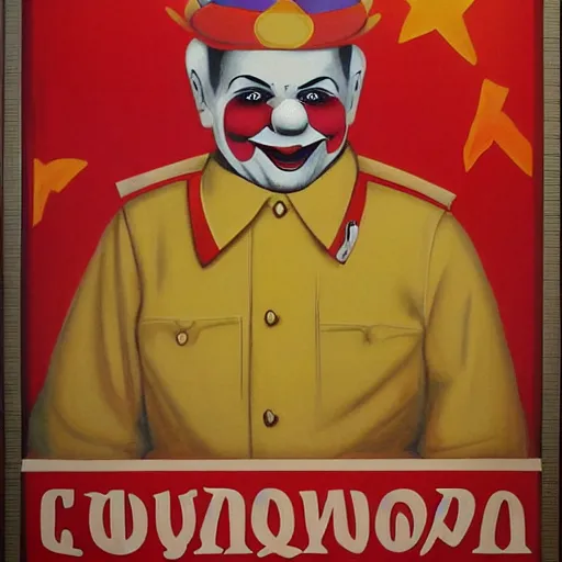 Image similar to communist clown painting, soviet propaganda style, poster, portrait