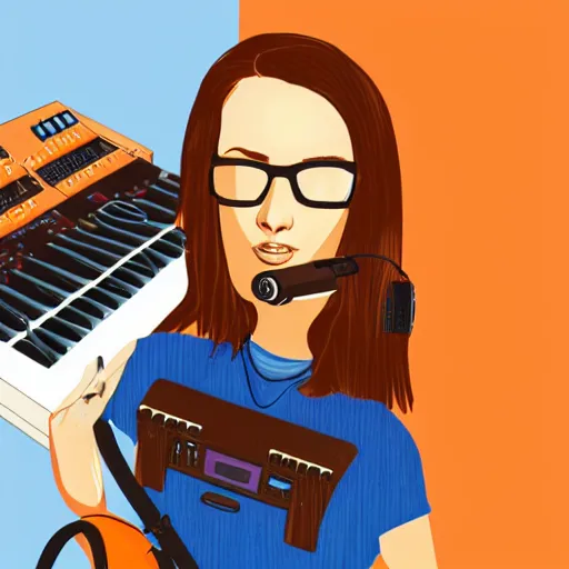 Image similar to realistic portrait of a woman with brown hair, blue jeans and orange tshirt, headset, synthesizer, computer, steampunk, vivid colors