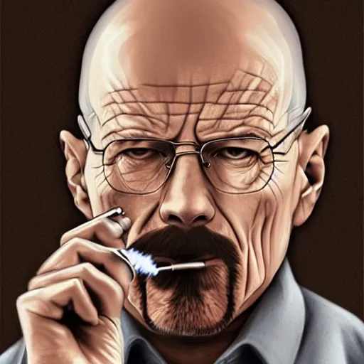 Prompt: a detailed portrait of walter white smoking a cigar, art illustration, incredibly highly detailed and realistic, 8 k, sharp focus