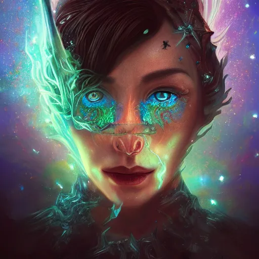 Prompt: Very very very very highly detailed mystic, enigmatic, strange portrait with galaxy, roses, shark's teeth, intricate, extremely detailed, digital painting, artstation, concept art, smooth, sharp focus, illustration, intimidating lighting, incredible art,