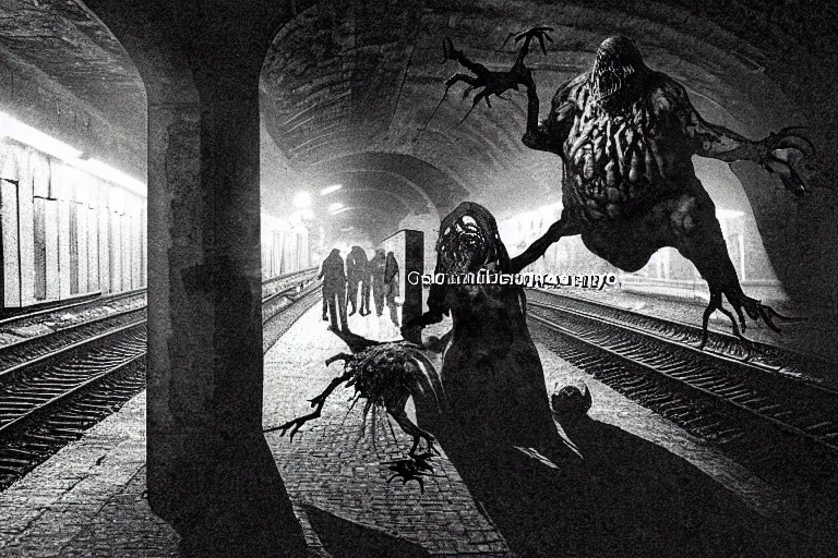 Prompt: very large giant mutant zombie irradiated an ifected with cancer and worms ( angry rat ) staying on railways in tonnel of moscow subway. extreme high detail, very realistic. low dark light, scary mood.