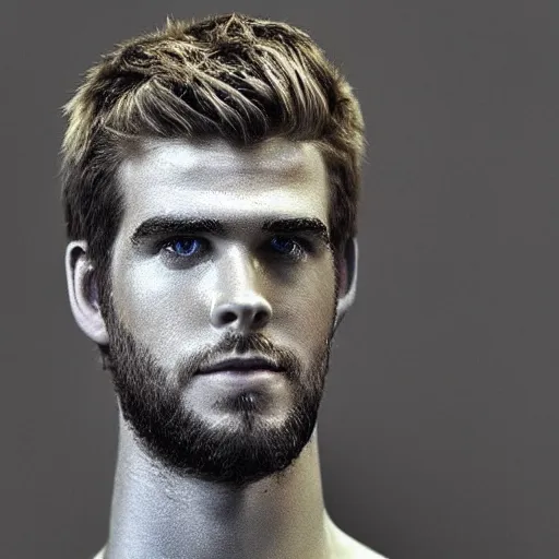 Image similar to “ a realistic detailed photo of a guy who is an attractive humanoid who is half robot and half humanoid, who is a male android, actor liam hemsworth, shiny skin, posing like a statue, blank stare, at the museum, on display ”