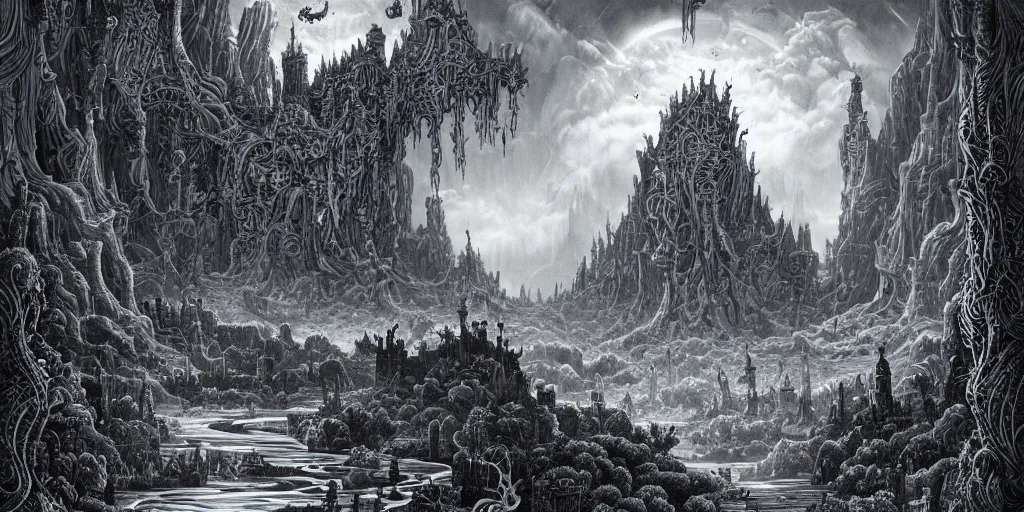 Image similar to a fantasy lanscape by joe fenton and bob ross