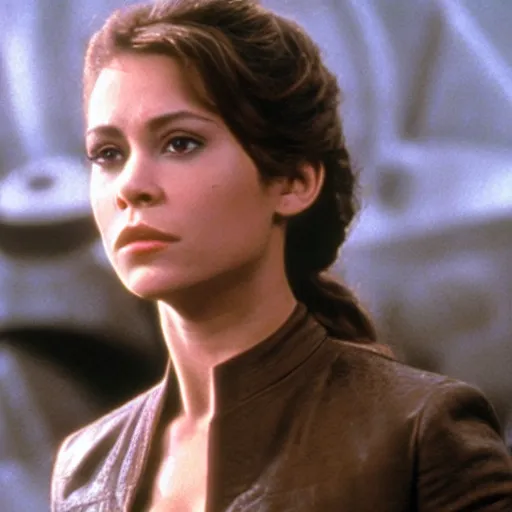 Image similar to A picture Alyssa Milano playing Han Solo. Beautiful Cinematic Photo. Still from Star Wars A New Hope.