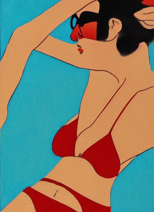 Prompt: a girl, in retro swimsuit, lying by the pool, 7 0 - s, minimalist oil painting by ryo takemasa, shinkai, makoto, kiuchi, tatsuro flat colors, beautiful lightning, sharp, poster