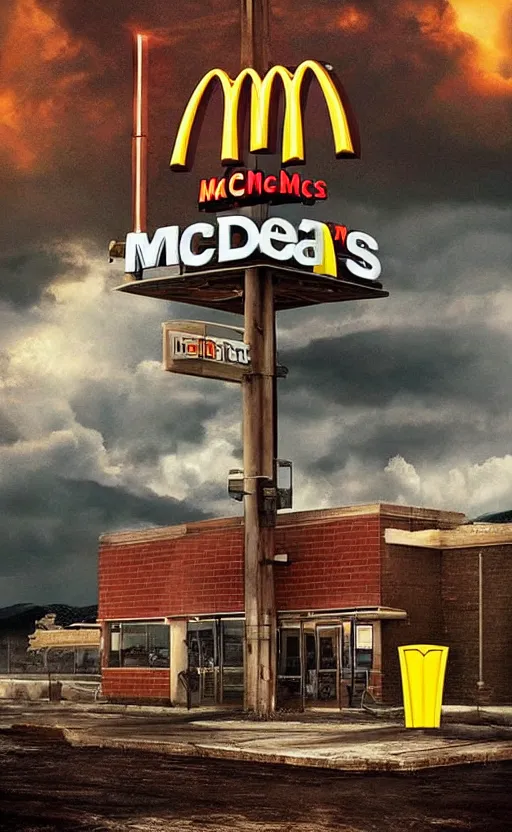 Image similar to beautiful epic poster of mcdonalds in an apocalypse. thunder, lightning, hd, hq. very detailed.