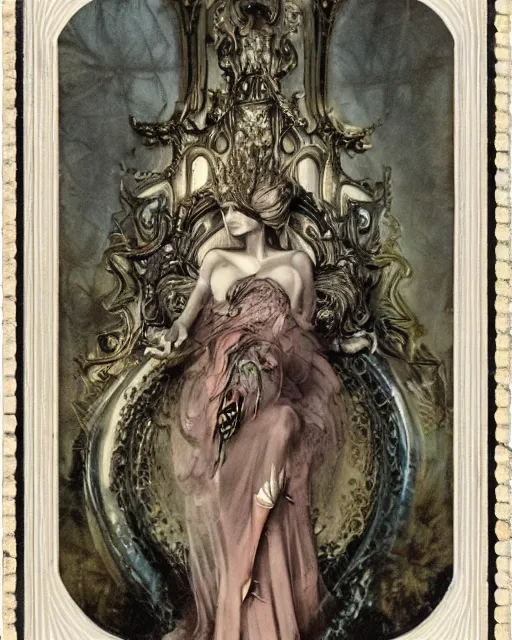 Image similar to a beautiful detailed front view of a dead rotten princess growing ornate baroque, ornamentation, elegant, beautifully soft lit, by wayne barlowe, peter mohrbacher, kelly mckernan, 1 9 1 0 polaroid photography