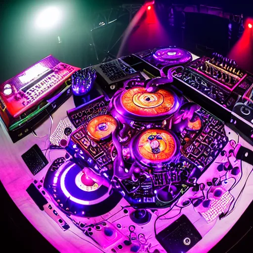Prompt: award winning photo of an octopus dj with tentacles simultaneously placed turntables cdjs and knobs of a pioneer dj mixer. sharp, blue and fuschia colorful lighting, in front of a large crowd, studio, medium format, 8 k detail, volumetric lighting, wide angle, at an outdoor psytrance festival main stage at night