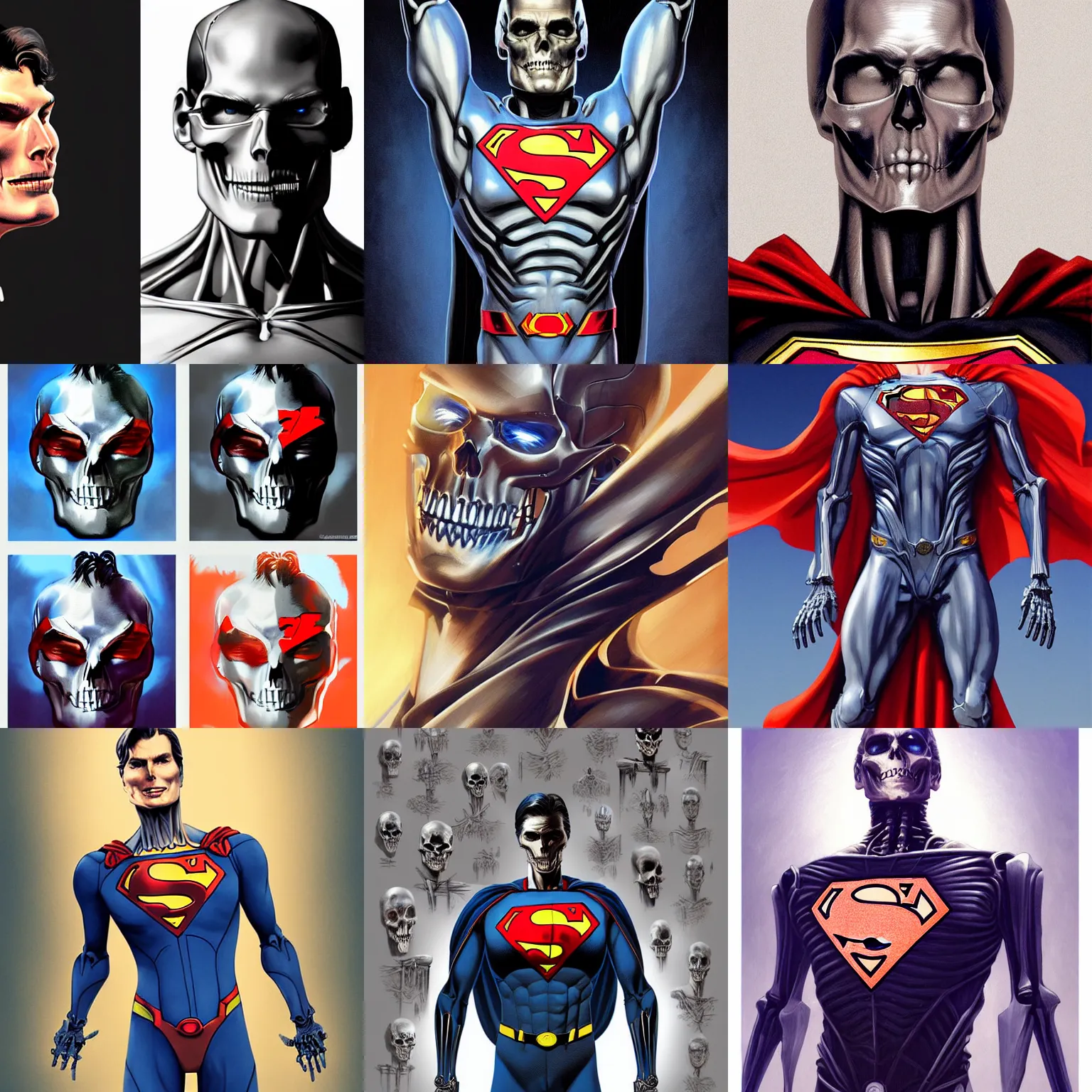 Prompt: Christopher reeve!!! metal skeleton exposed skull superman costume, realistic shaded perfect face, fine details. not anime. Realistic shaded lighting poster by Ilya Kuvshinov katsuhiro, magali villeneuve, artgerm, Jeremy Lipkin and Michael Garmash, Rob Rey and Kentarõ Miura style, trending on art station