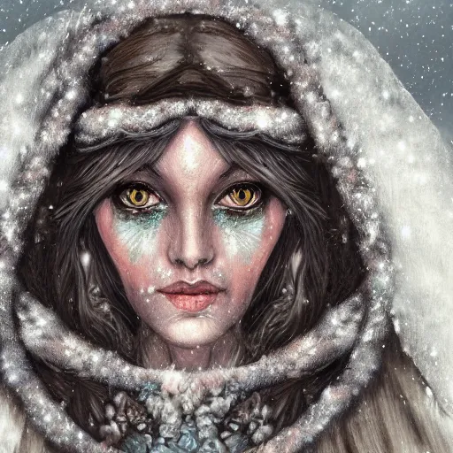 Image similar to auril, goddess of winter, owl faced crone, digital art, trending on artstation, portrait