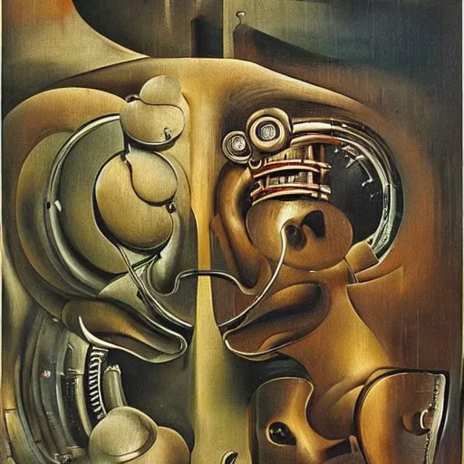 Image similar to Oil painting by Dali. Two mechanical trash gods with animal faces kissing. Oil painting by Hans Bellmer.